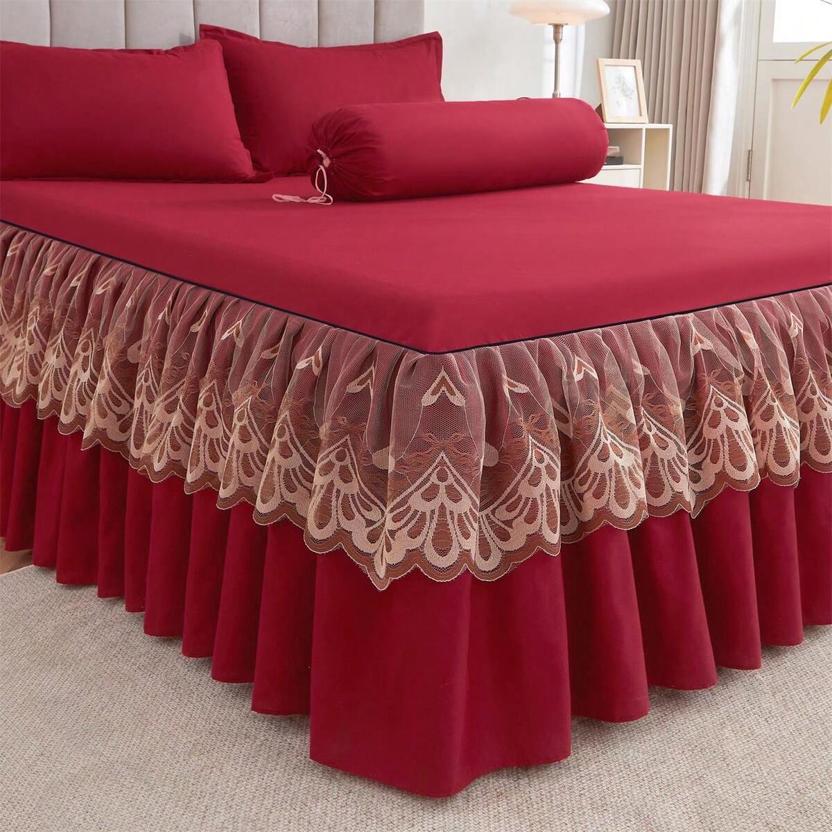 3pcs Bedskirt Set (1pc Bedskirt + 2pcs Pillowcases, No Pillow Insert), Solid Color Anti-Slip Bedding, Suitable For Bedroom And Guest Room, Machine Washable