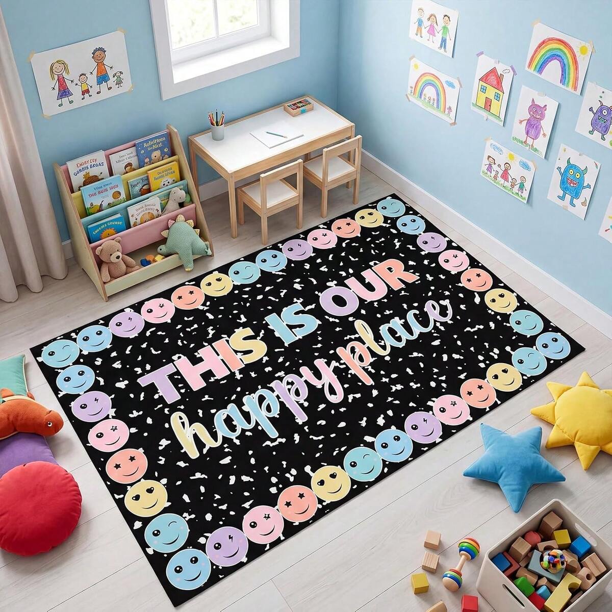 Black Cow Print Face This Is Our Happy Place Pattern Carpet, Black Pastel Cute Soft Tone, Flannel Material Area Rugs, Soft Skin-Friendly Rug Area, Casual Classroom Lounge Decor, Warm Welcoming Neutral Space